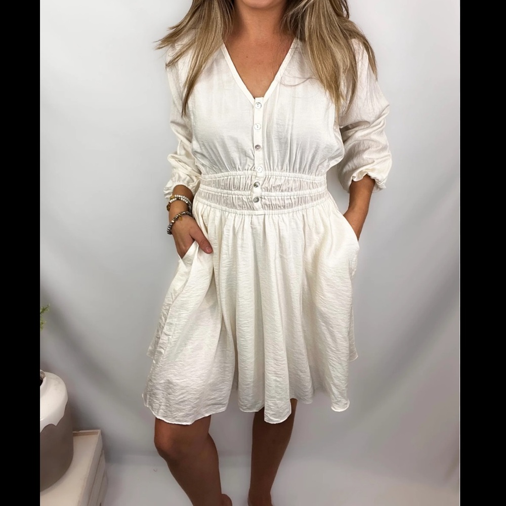 Boho White linen dress with waist detail and pockets